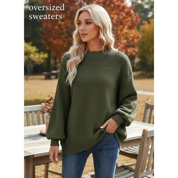 Women's Green Long Sleeve Jumper Sweaters Tops Loose Crewneck Knit Pullover - Picture 3 of 6